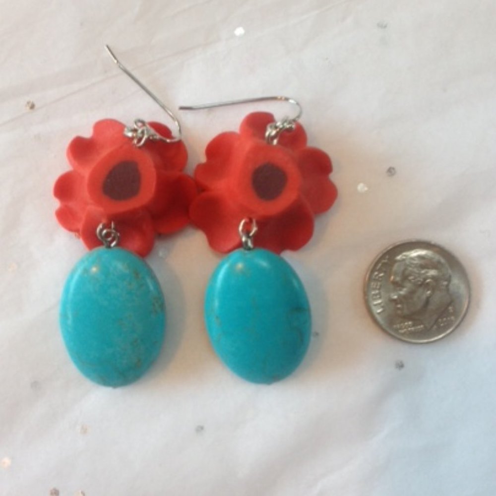 Pretty Boho Red Flower & Turquoise Dangle Earrings - Picture 5 of 6